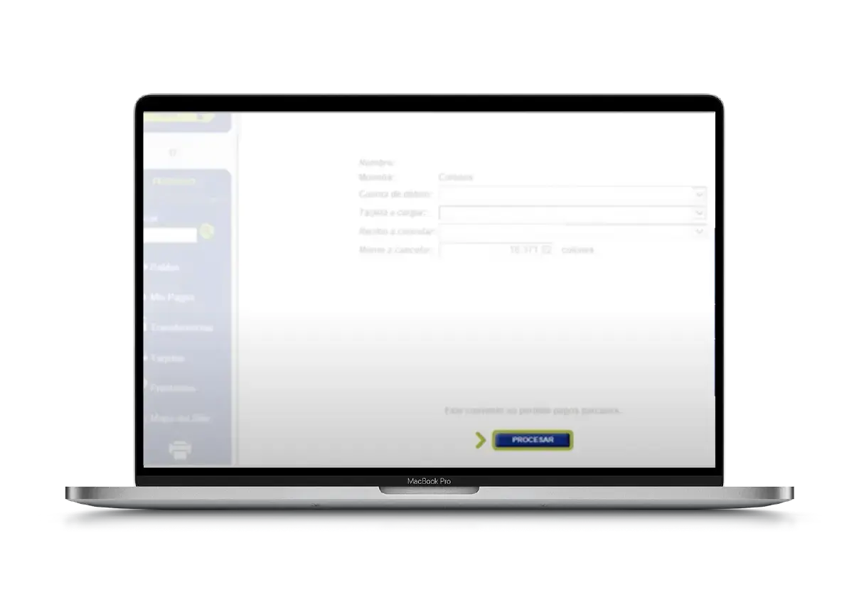 Formulario en BN Internet Banking para ingresar datos de pago con botón "Procesar" al final de la pantalla.