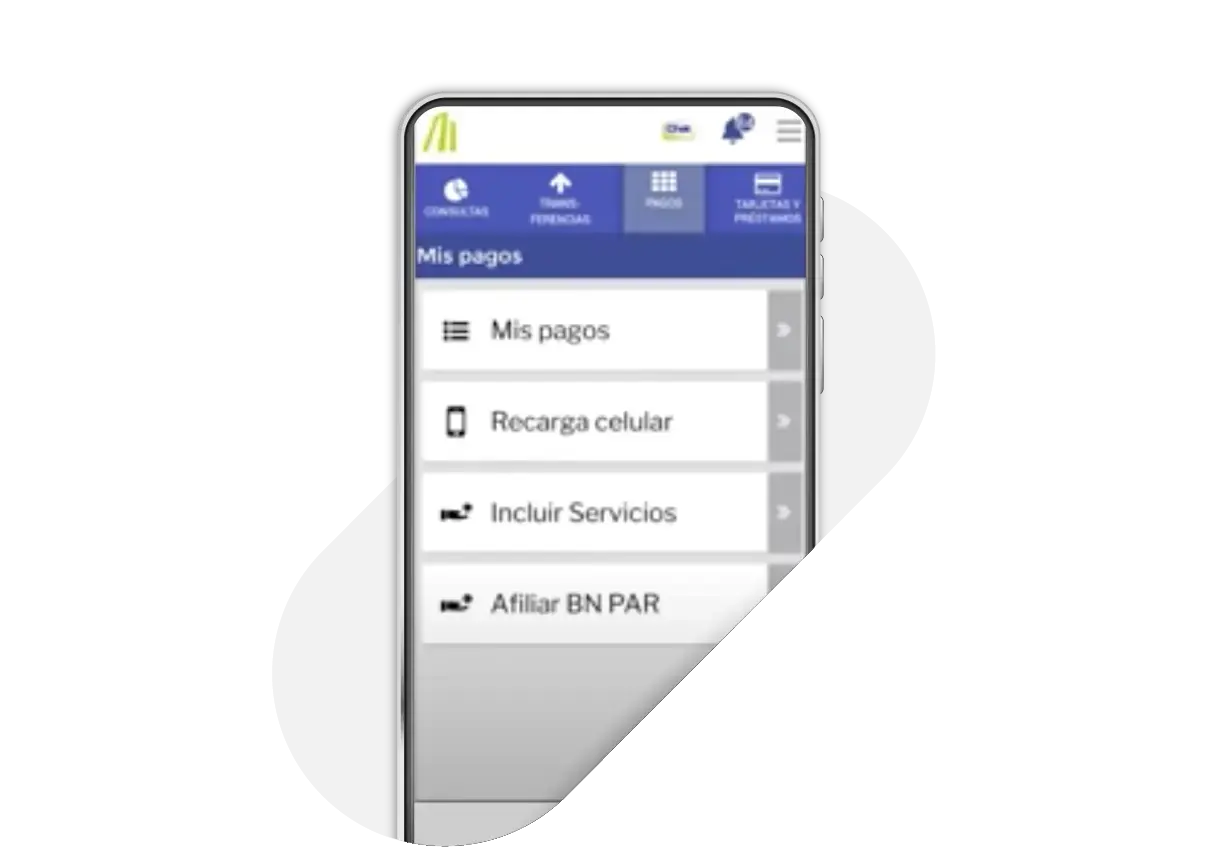 Pantalla de la app del Banco Nacional mostrando opciones de pago como “Mis pagos”, “Recarga celular” e “Incluir servicios”.