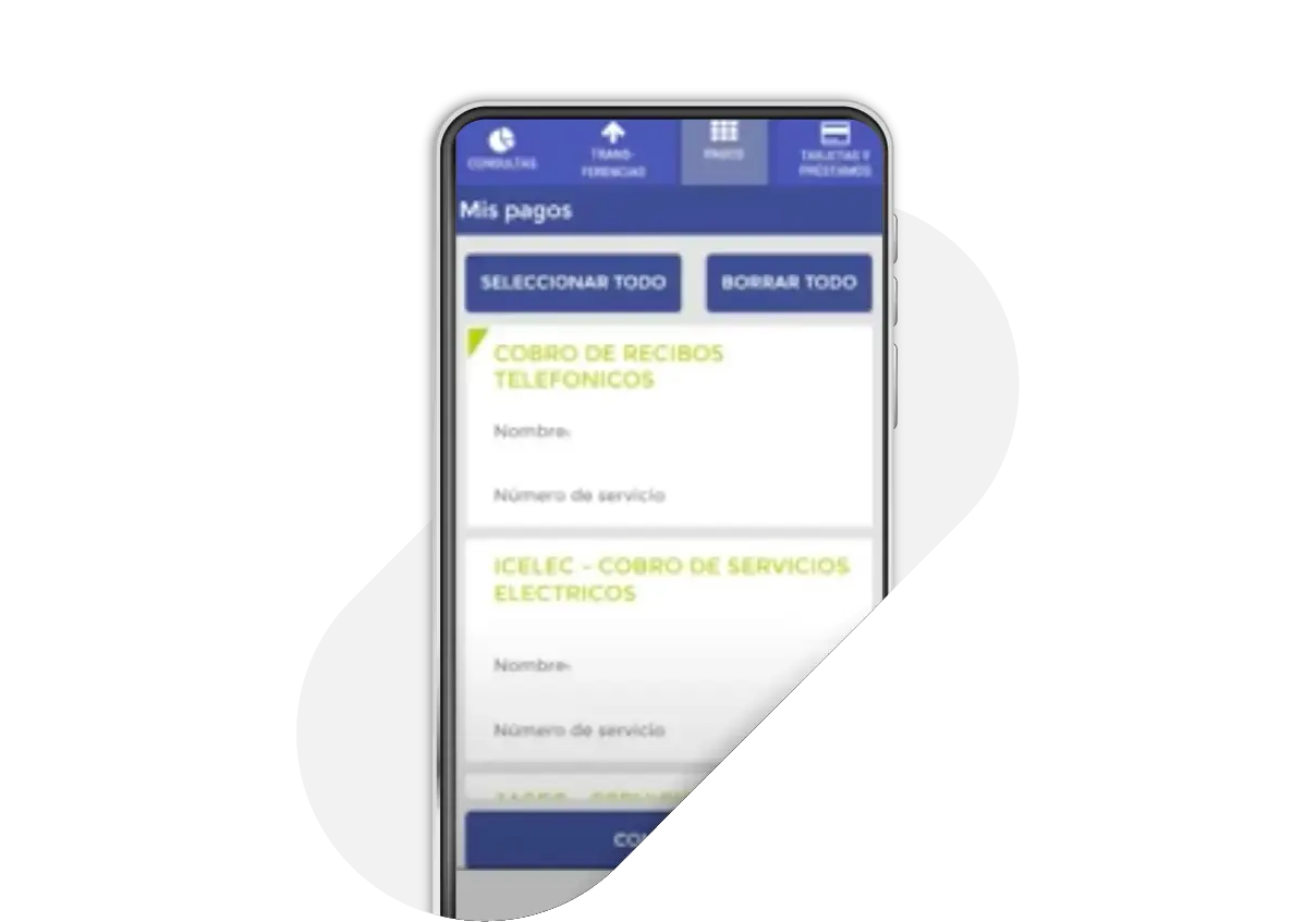 Pantalla de pagos en la app BN mostrando servicios seleccionados como cobro de recibos telefónicos y servicios eléctricos ICELEC.