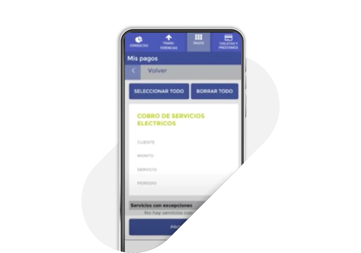 Pantalla de detalle del cobro de servicios eléctricos en la app BN, con campos de cliente, monto, servicio y período.