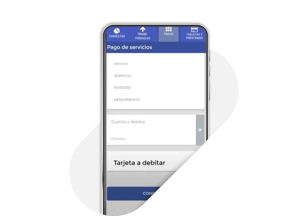 Formulario de pago de servicios en la app BN, con campos de monto, servicio, período, vencimiento y cuenta a debitar.