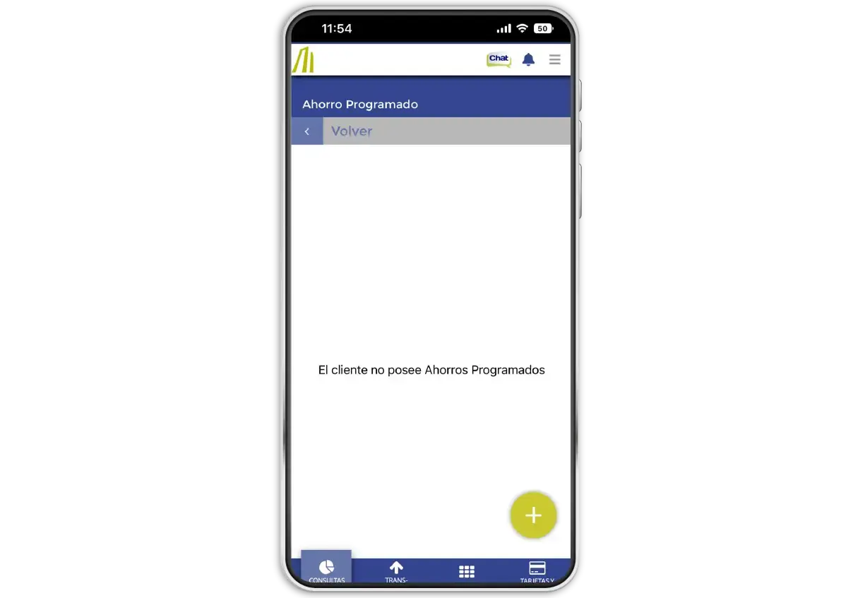 Pantalla de la app del Banco Nacional indicando que el cliente no posee ahorros programados, con botón para agregar uno nuevo.