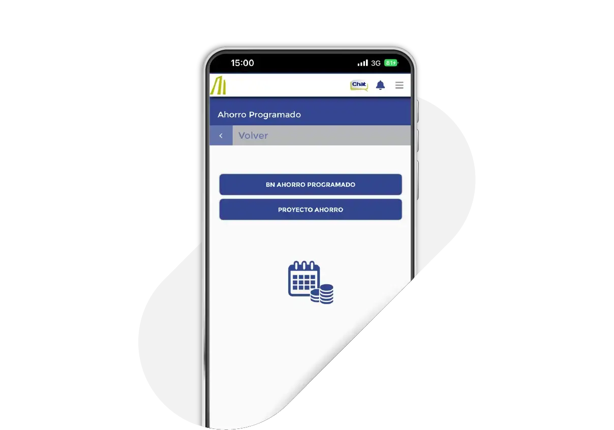 Pantalla de ahorro programado en la app del Banco Nacional con botones para BN Ahorro Programado y Proyecto Ahorro, y un ícono de calendario con monedas.