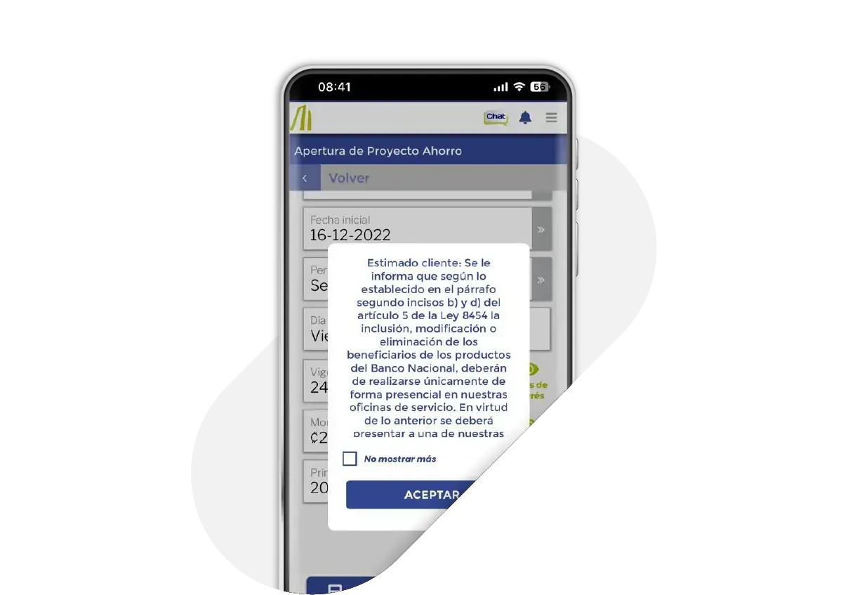 Pantalla de apertura de Proyecto Ahorro en la app del Banco Nacional con mensaje emergente informando sobre requisitos legales para modificar beneficiarios.