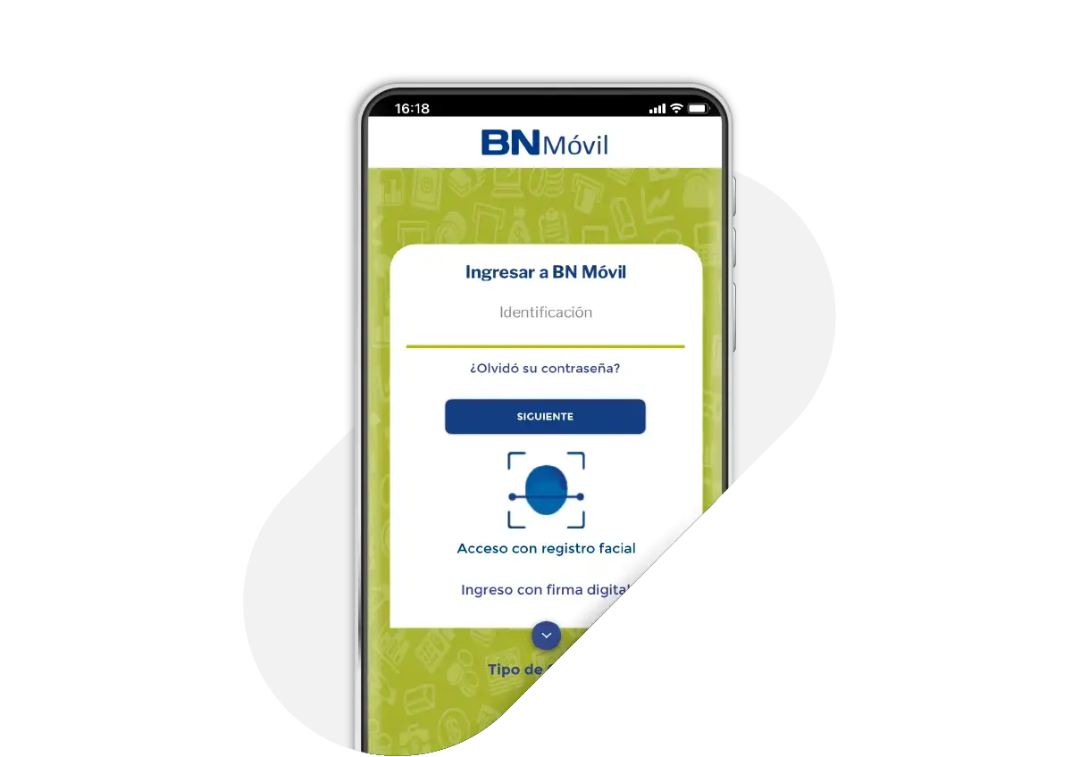 Pantalla de inicio de sesión de la app BN Móvil, mostrando opciones de acceso con contraseña, registro facial y firma digital.