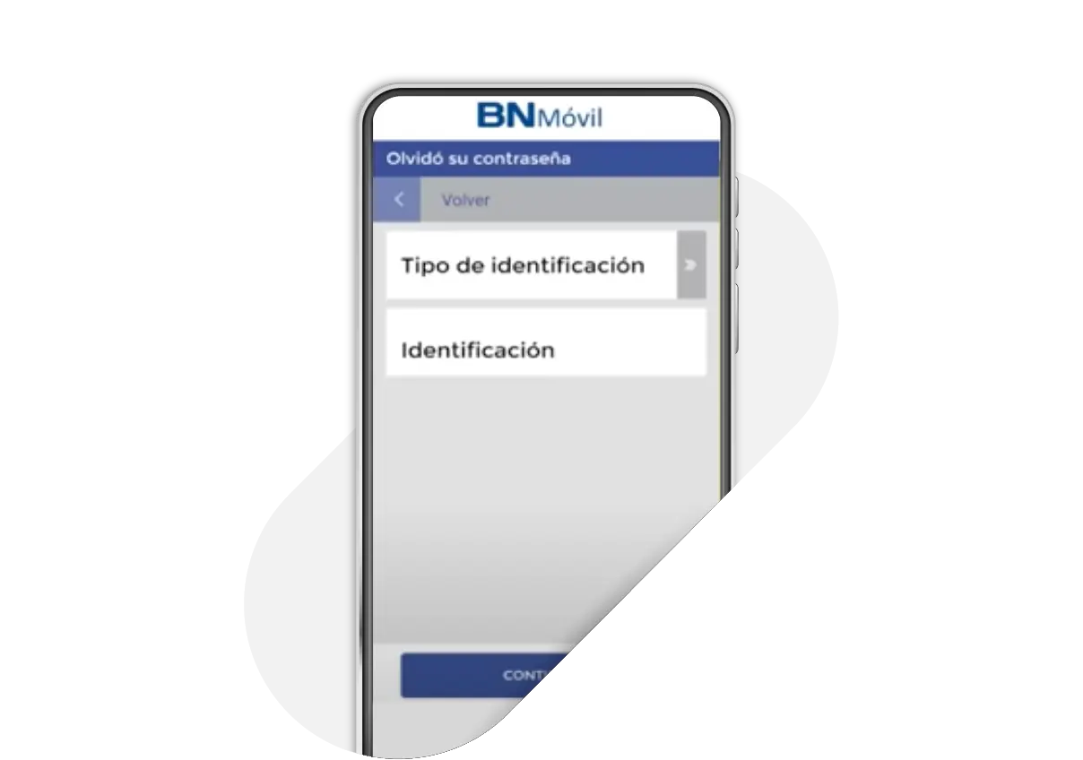 Pantalla de la app BN Móvil con formulario para recuperar contraseña mediante tipo de identificación