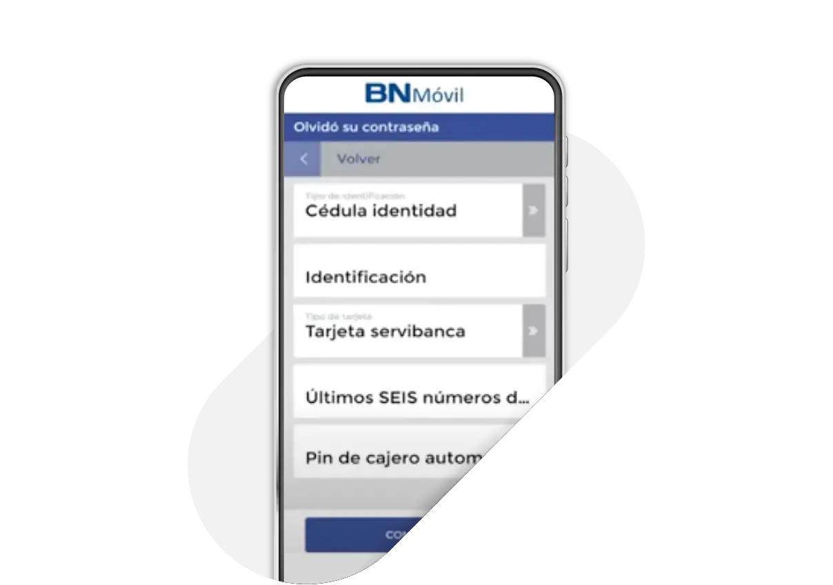 Formulario de recuperación de contraseña en BN Móvil solicitando datos como cédula, tarjeta Servibanca y PIN de cajero