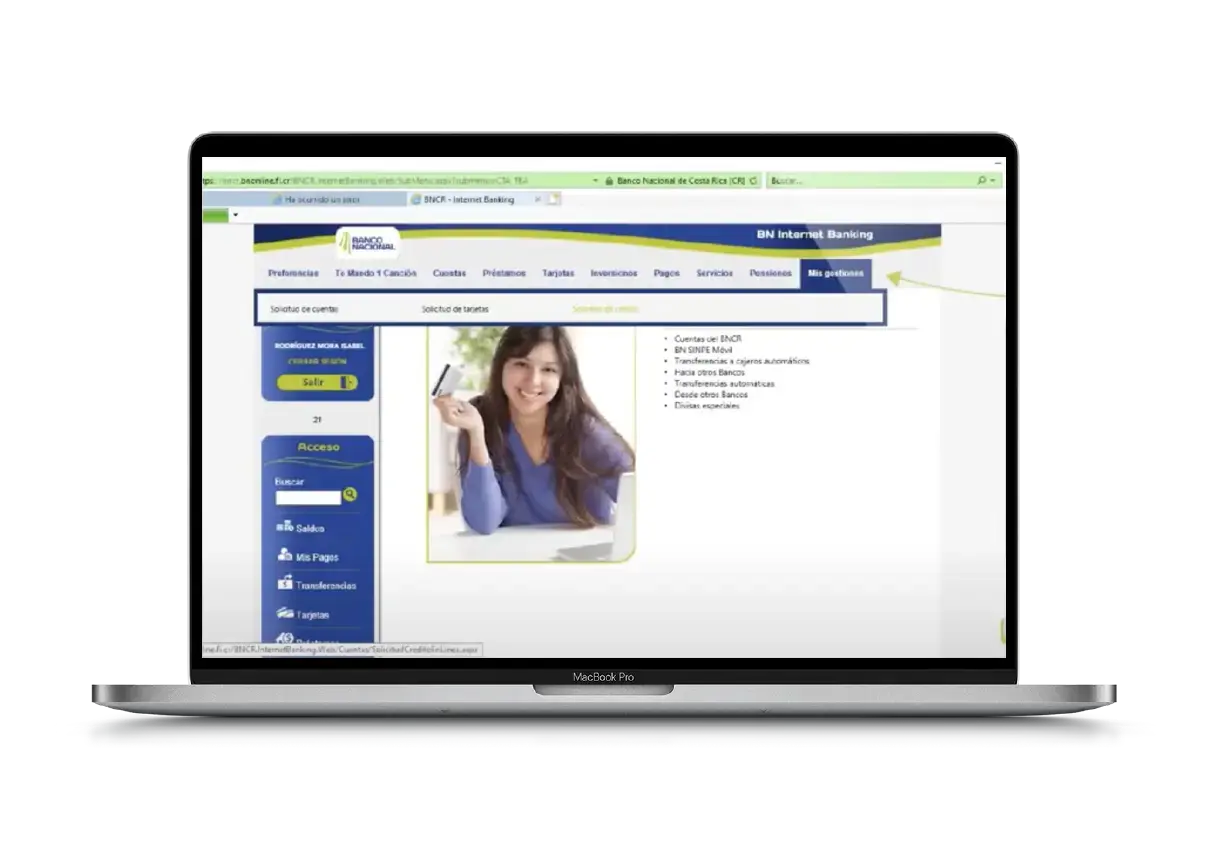 Vista del portal BN Internet Banking mostrando el menú de navegación superior y la sección de transferencias junto a una imagen de una mujer sonriendo.