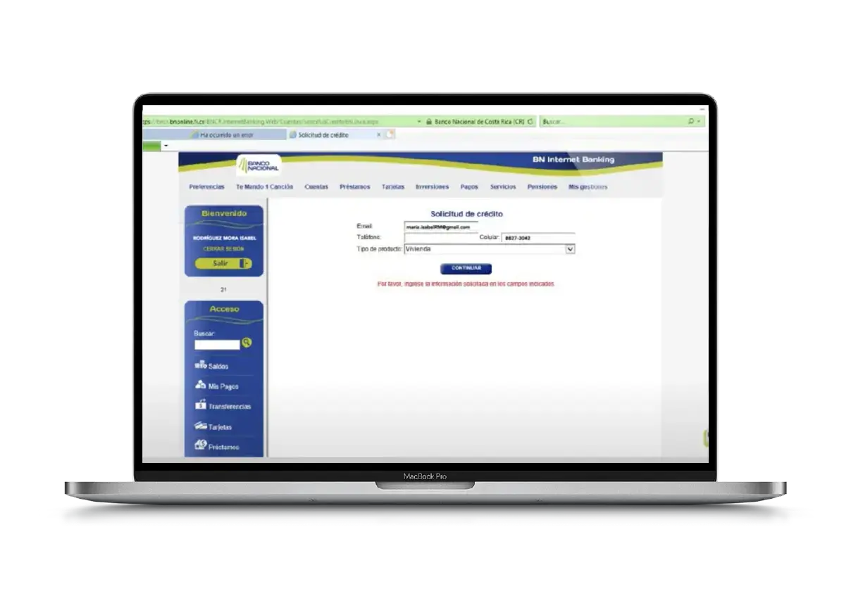 Formulario de solicitud de crédito en el portal BN Internet Banking con campos para correo, teléfono y tipo de producto.