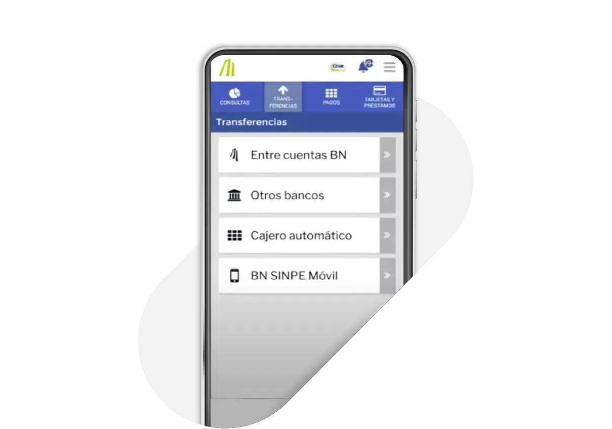 Pantalla de la app del Banco Nacional mostrando opciones de transferencia como Entre cuentas BN, Otros bancos, Cajero automático y BN SINPE Móvil.