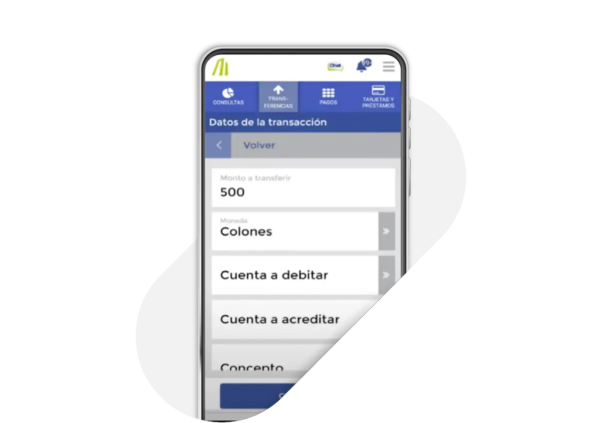 Formulario de transferencia en la app del Banco Nacional con campos como monto, moneda, cuenta a debitar, cuenta a acreditar y concepto.