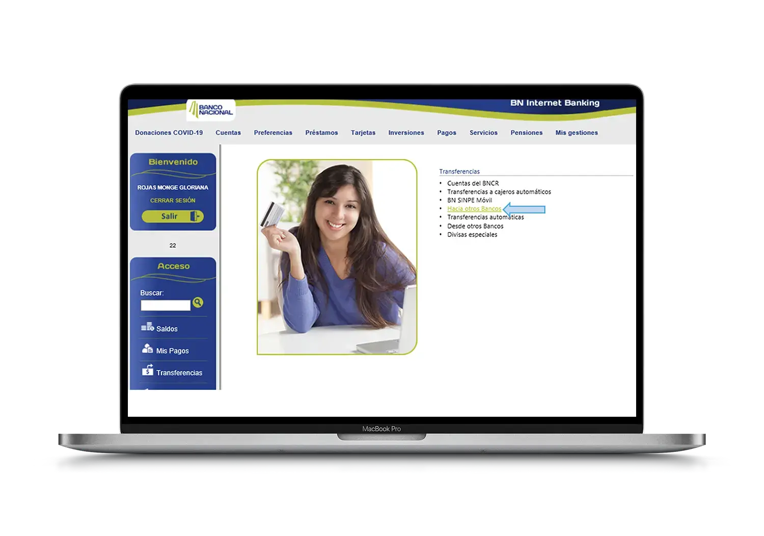 Vista del portal BN Internet Banking mostrando el menú de transferencias y una imagen de una mujer sonriendo con una tarjeta en la mano.