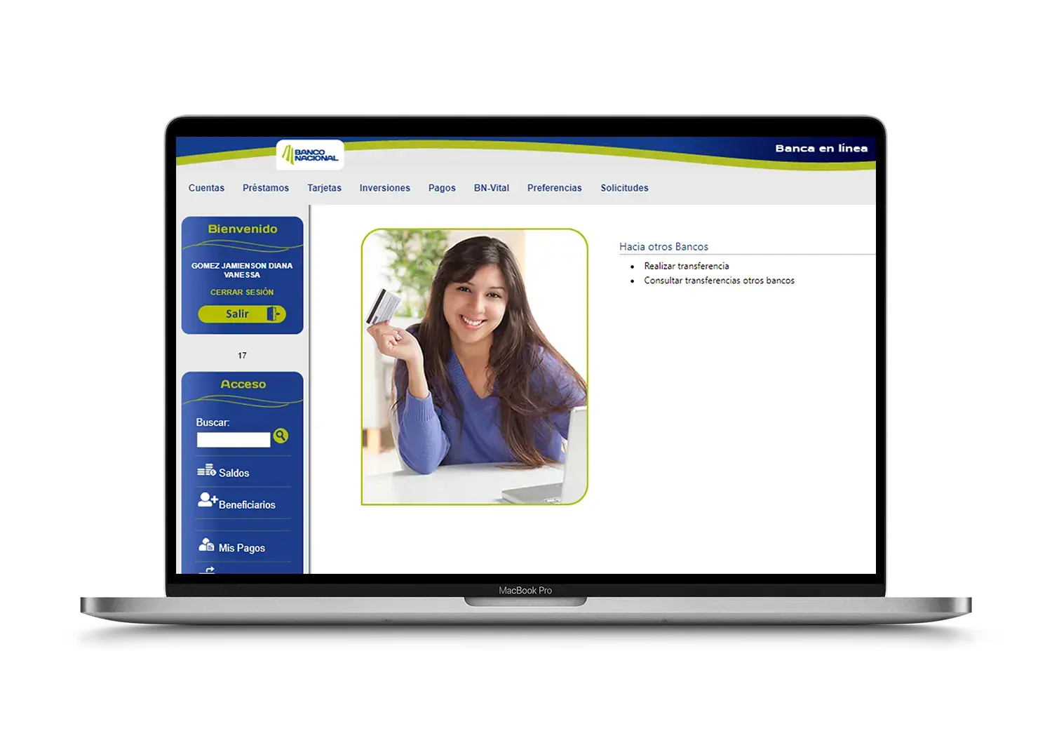 Vista del portal BN Internet Banking mostrando el menú de transferencias y una imagen de una mujer sonriendo con una tarjeta en la mano.