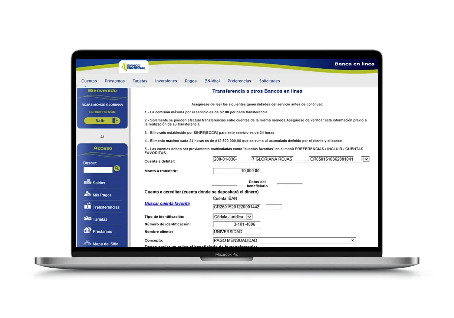 Formulario de transferencia a otros bancos en el portal BN Internet Banking con campos de cuenta, monto, tipo de identificación y concepto de pago.