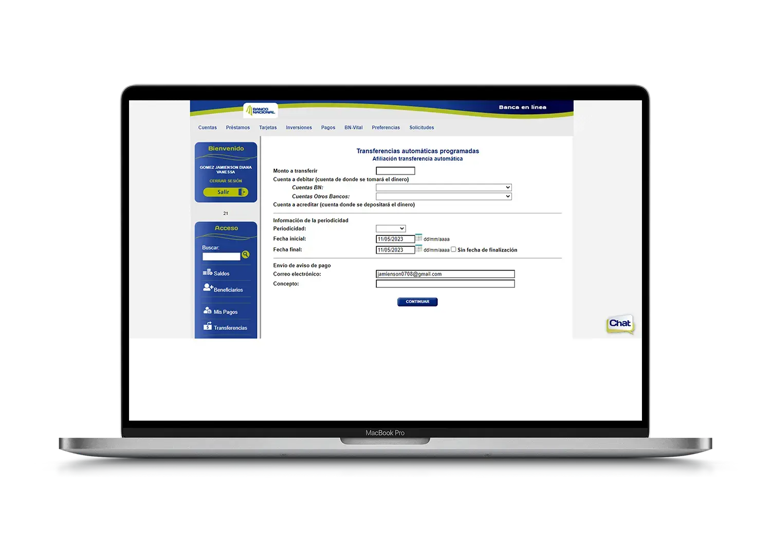 Pantalla del formulario de transferencias automáticas programadas en BN Internet Banking con campos de fechas, periodicidad, correo y concepto.