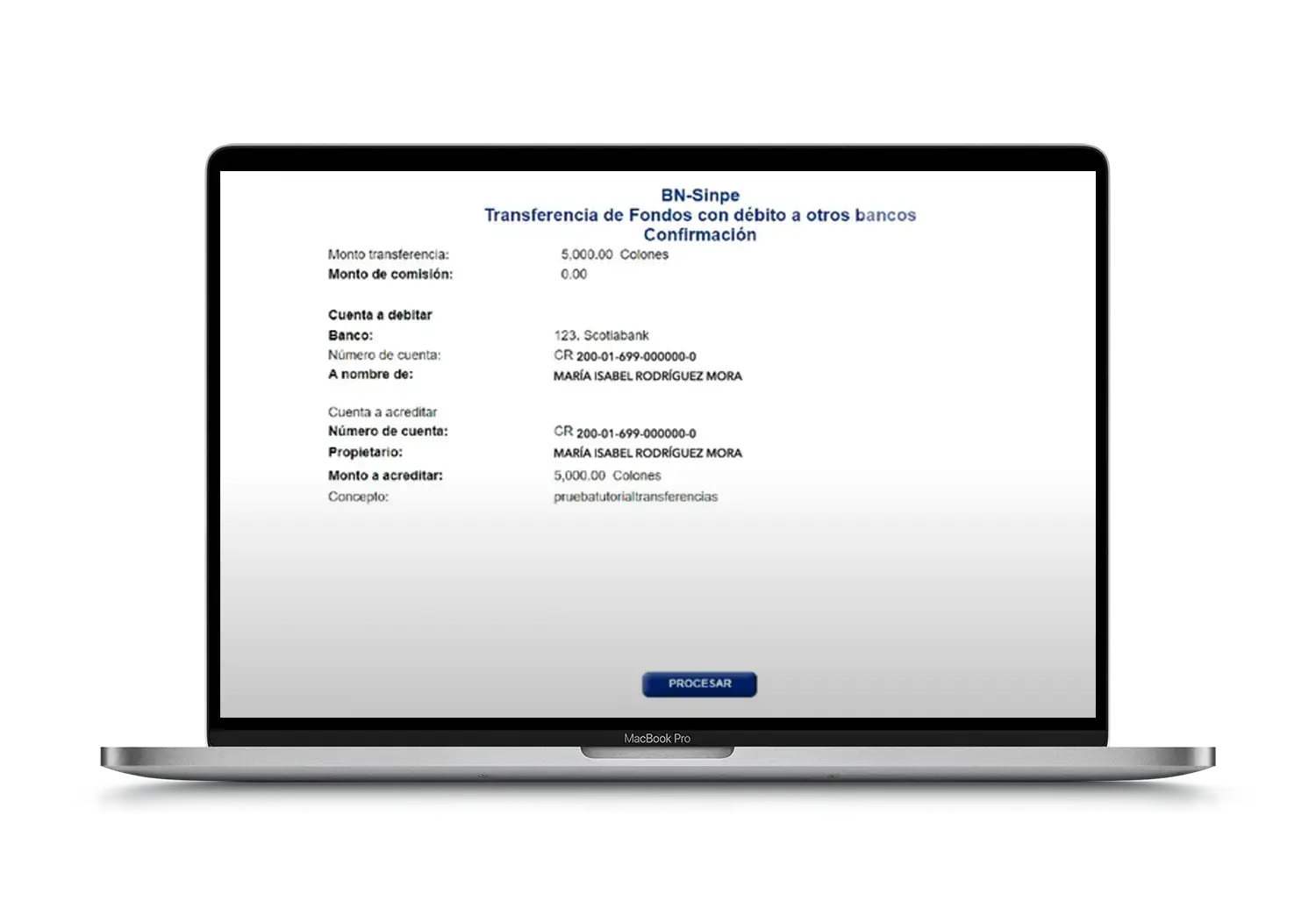 Pantalla de confirmación de transferencia por BN-SINPE con detalles del banco, cuentas, monto, propietario y botón para procesar la transacción.