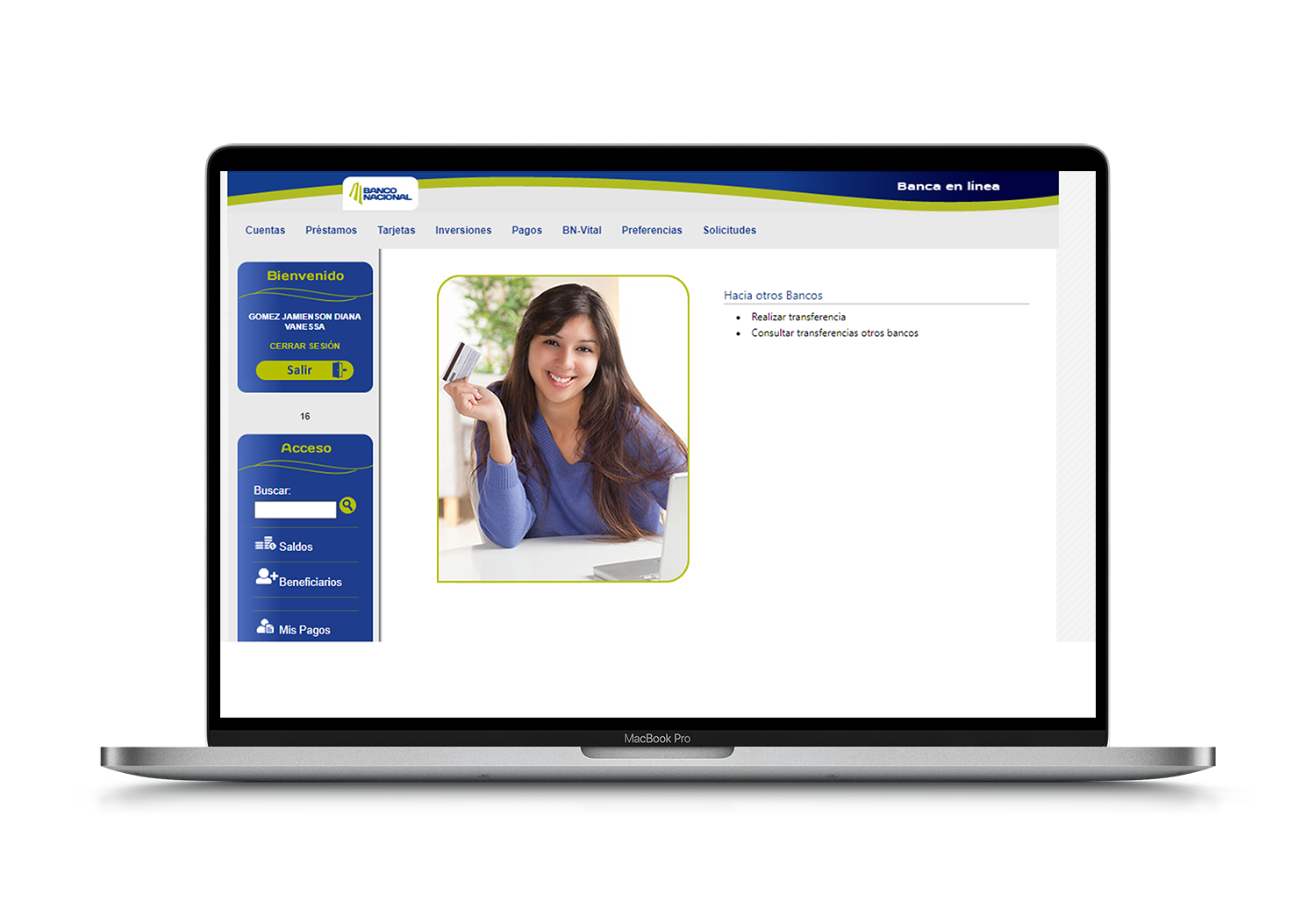 Interfaz de BN Internet Banking mostrando el menú para transferencias hacia otros bancos junto a una imagen de una mujer con tarjeta bancaria.