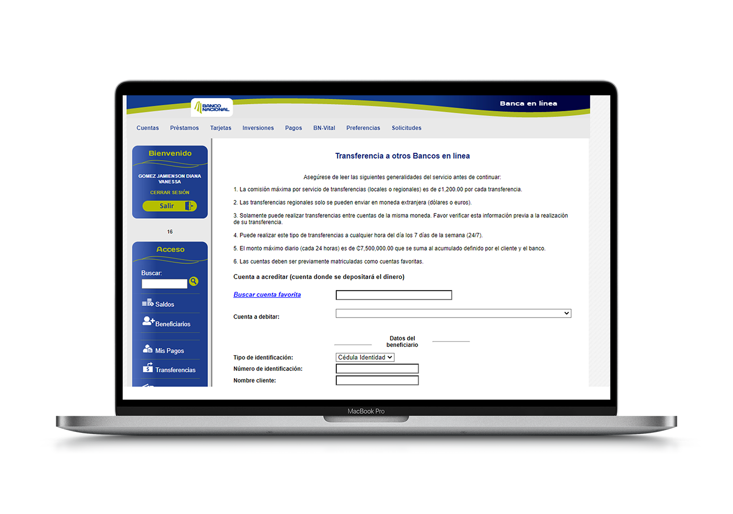 Formulario inicial de transferencia a otros bancos en BN Internet Banking con campos para cuenta a debitar, cuenta a acreditar y datos del beneficiario.