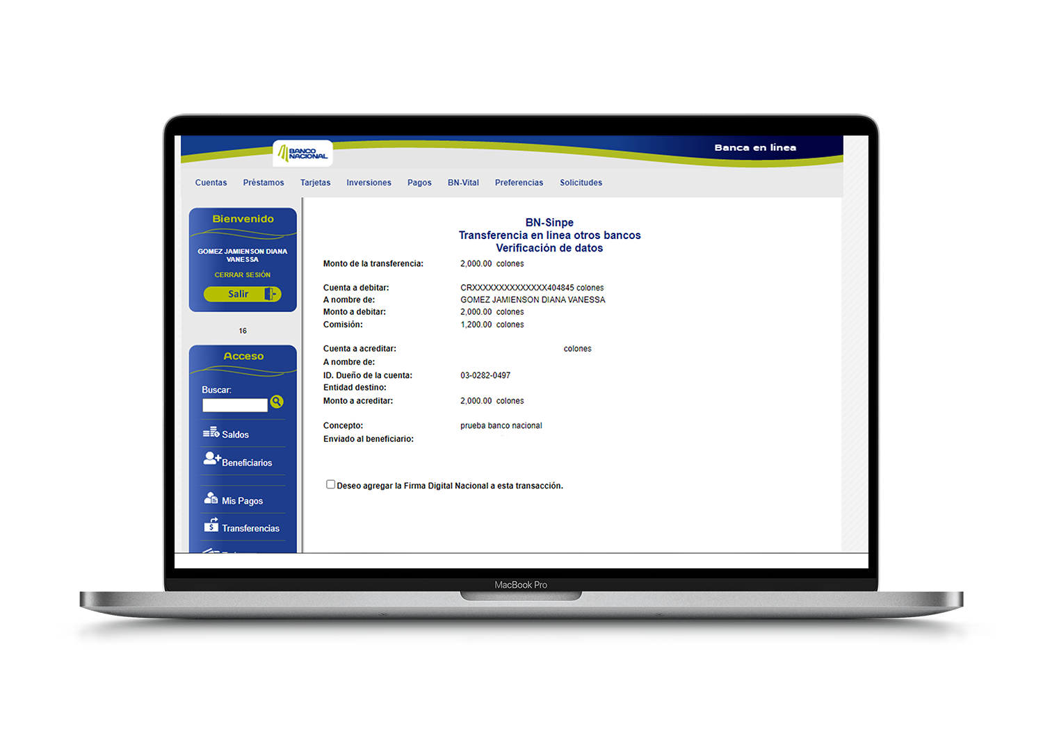 Pantalla de verificación de datos para transferencia BN-SINPE en línea, mostrando detalles de cuentas, monto, comisión, concepto y opción de firma digital.