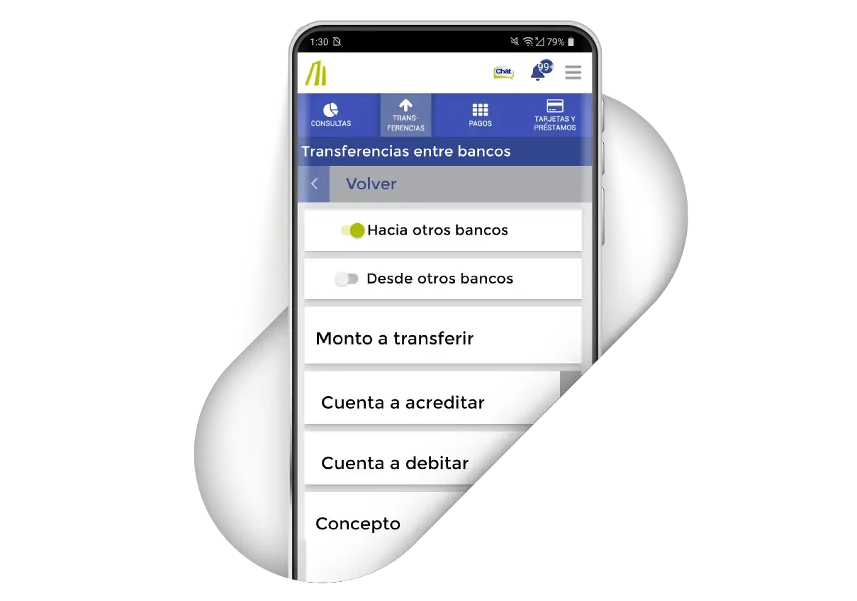 Pantalla de la app del Banco Nacional con opciones de transferencia entre bancos y campos para monto, cuentas y concepto.