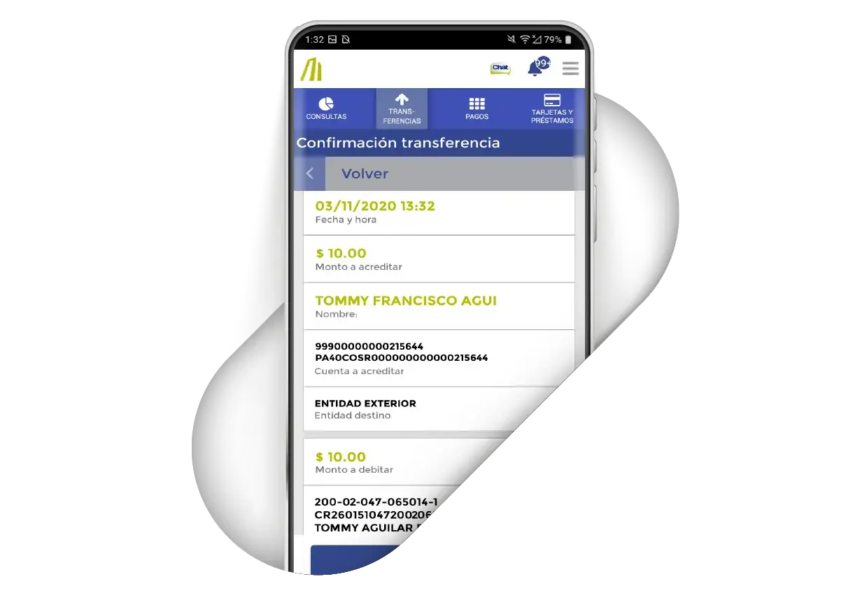 Pantalla de confirmación de transferencia en la app del Banco Nacional con detalles de fecha, monto, cuentas y nombres del emisor y receptor.