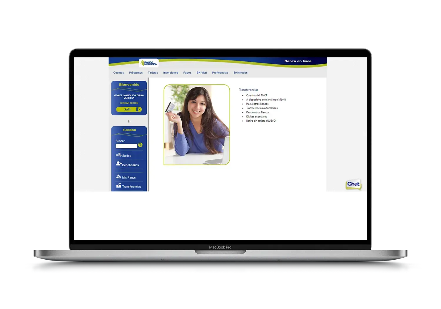 Interfaz de BN Internet Banking con menú de transferencias y fotografía de una mujer sonriendo con una tarjeta en la mano.