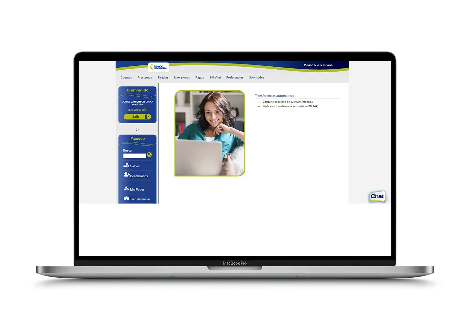 Pantalla del sistema BN Internet Banking mostrando el menú de transferencias automáticas junto a la imagen de una mujer usando una laptop.