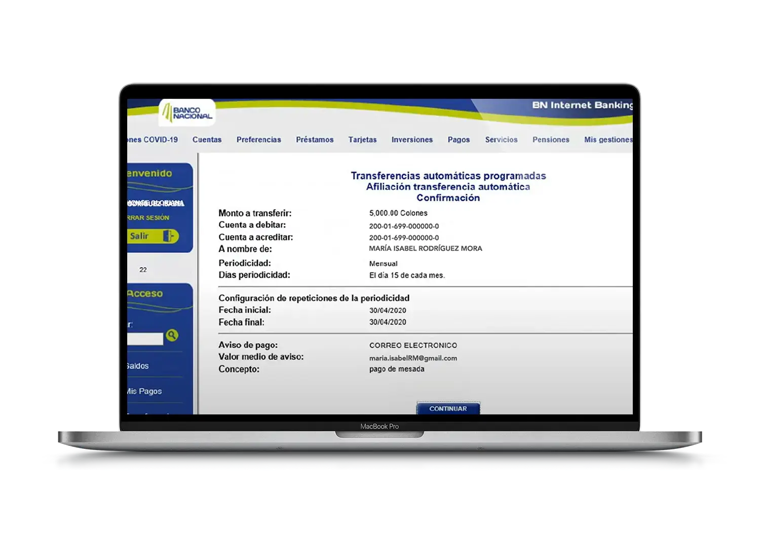 Confirmación de transferencia automática programada en BN Internet Banking con detalle de monto, cuentas, periodicidad, fechas y medio de aviso.