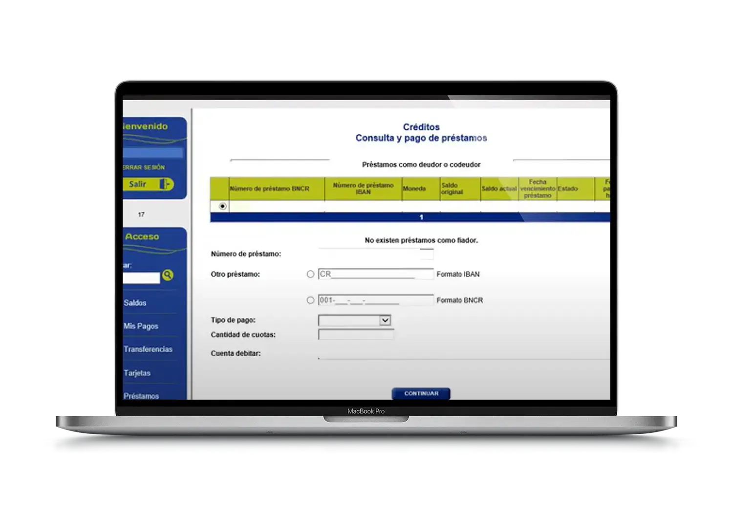 Pantalla de consulta y pago de préstamos en Banca en Línea del Banco Nacional, mostrando detalles de préstamo y campos de ingreso.
