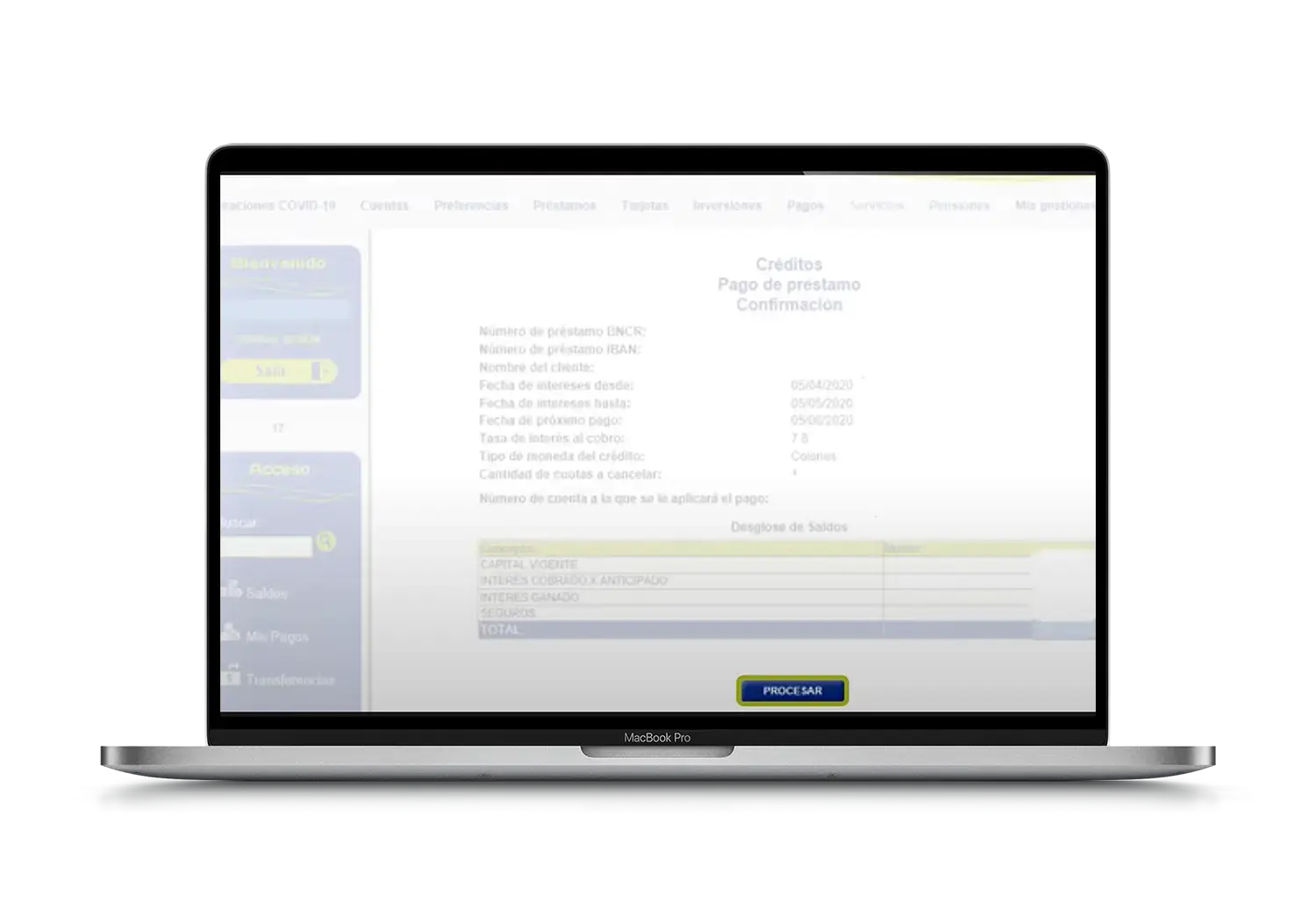 Pantalla de confirmación de pago de préstamo en Banca en Línea del Banco Nacional, con botón procesar y detalle del saldo a cancelar.