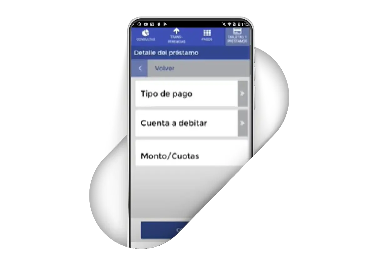 Pantalla de detalle del préstamo en app móvil BN con opciones de tipo de pago, cuenta a debitar y monto o cuotas.