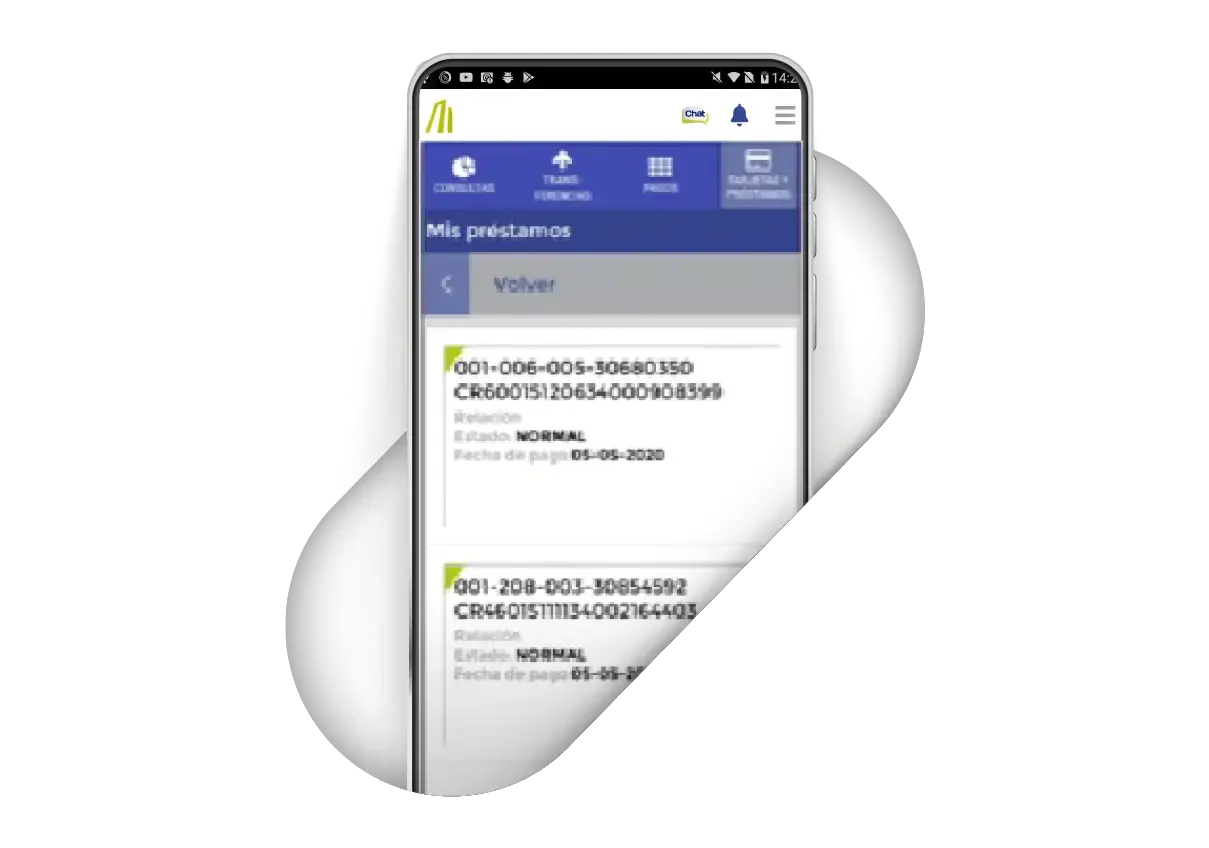 Pantalla de la app móvil del BN mostrando lista de préstamos activos con su estado y fecha de pago.