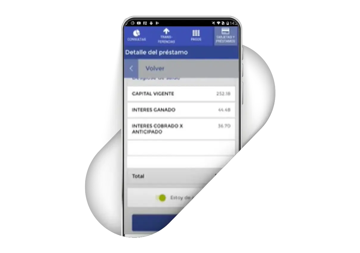 Detalle del préstamo en app móvil del BN mostrando capital vigente, interés ganado y cobrado anticipadamente.