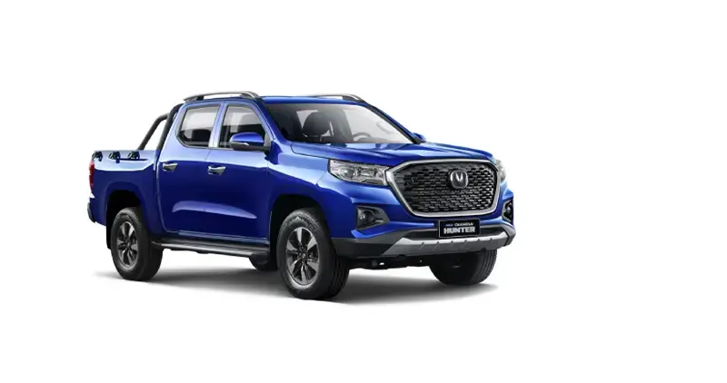 Changan Hunter azul tipo pickup mostrado en vista frontal en tres cuartos sobre fondo blanco