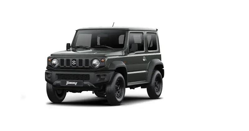 Suzuki Jimny verde oscuro tipo 4x4 compacto mostrado en ángulo frontal sobre fondo blanco