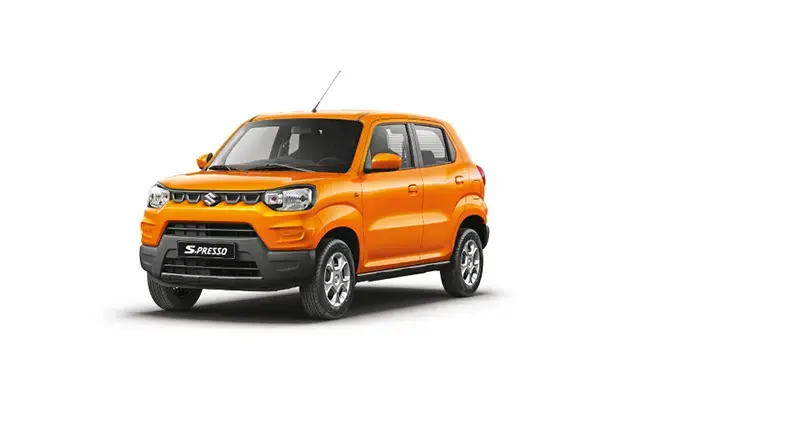 Suzuki S-Presso naranja tipo hatchback mostrado en vista frontal en tres cuartos sobre fondo blanco