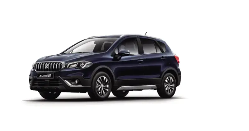 Suzuki S-Cross azul oscuro tipo SUV visto desde ángulo lateral frontal sobre fondo blanco