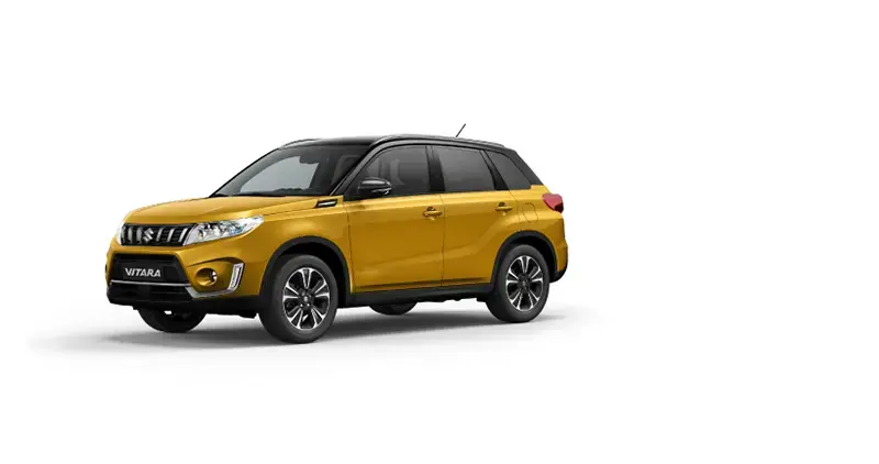 Suzuki Vitara amarillo tipo SUV compacto con techo negro mostrado en vista en ángulo sobre fondo